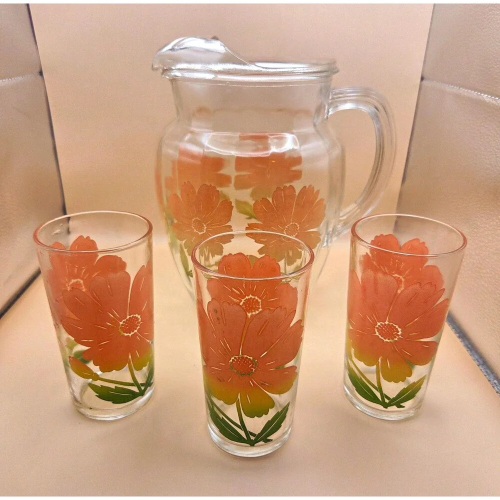 Clear Glass 1 Qt Pitcher & 3 Tumblers 4pc Set Orange Green Floral MCM Decor